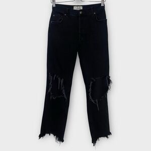 We The Free Black Mid-Rise Maggie Straight Leg Fray Hem Distressed Jeans Size 24